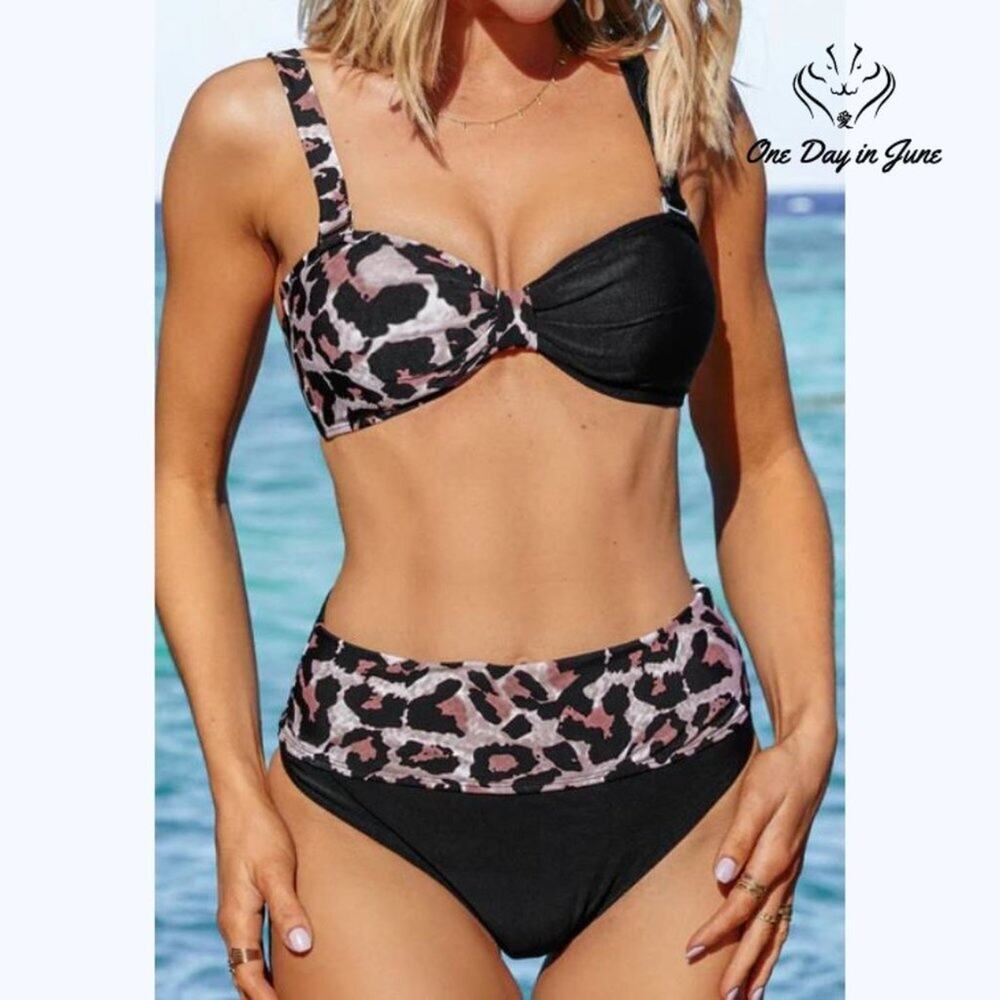 ODIJ Colorblock Leaopard Bikini Swimsuit Size S